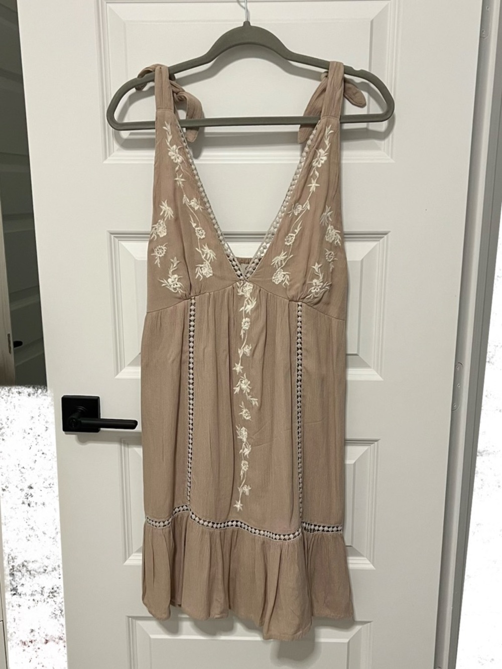 Tie-Shoulder Embroidered V-Neck Dress in Taupe